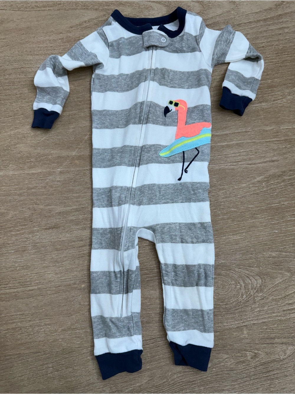 Carter's Baby Boy Gray White Striped Flamingo Surfboard Zip Pajama Romper 12M